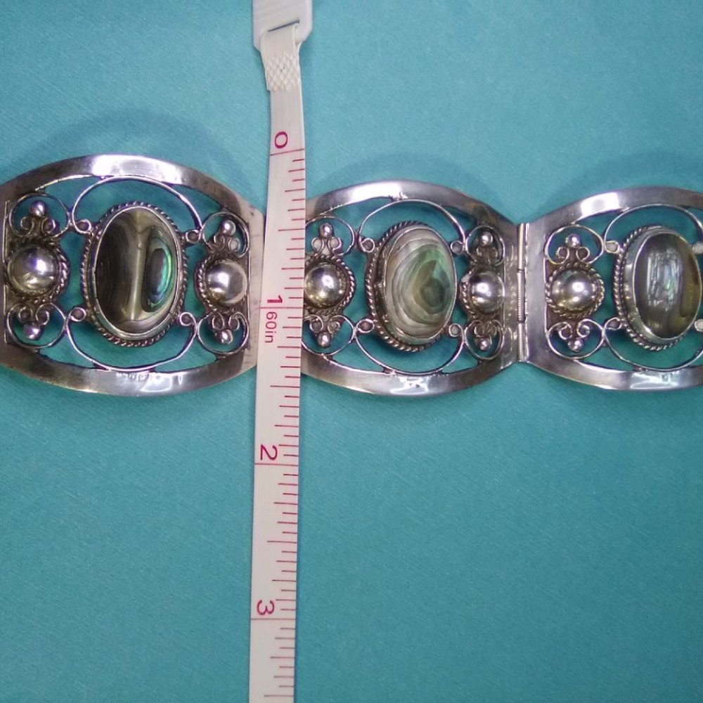 Vintage Sterling Silver Abalone Panel Wide Ornate Bracelet 925 - Picture 8 of 9